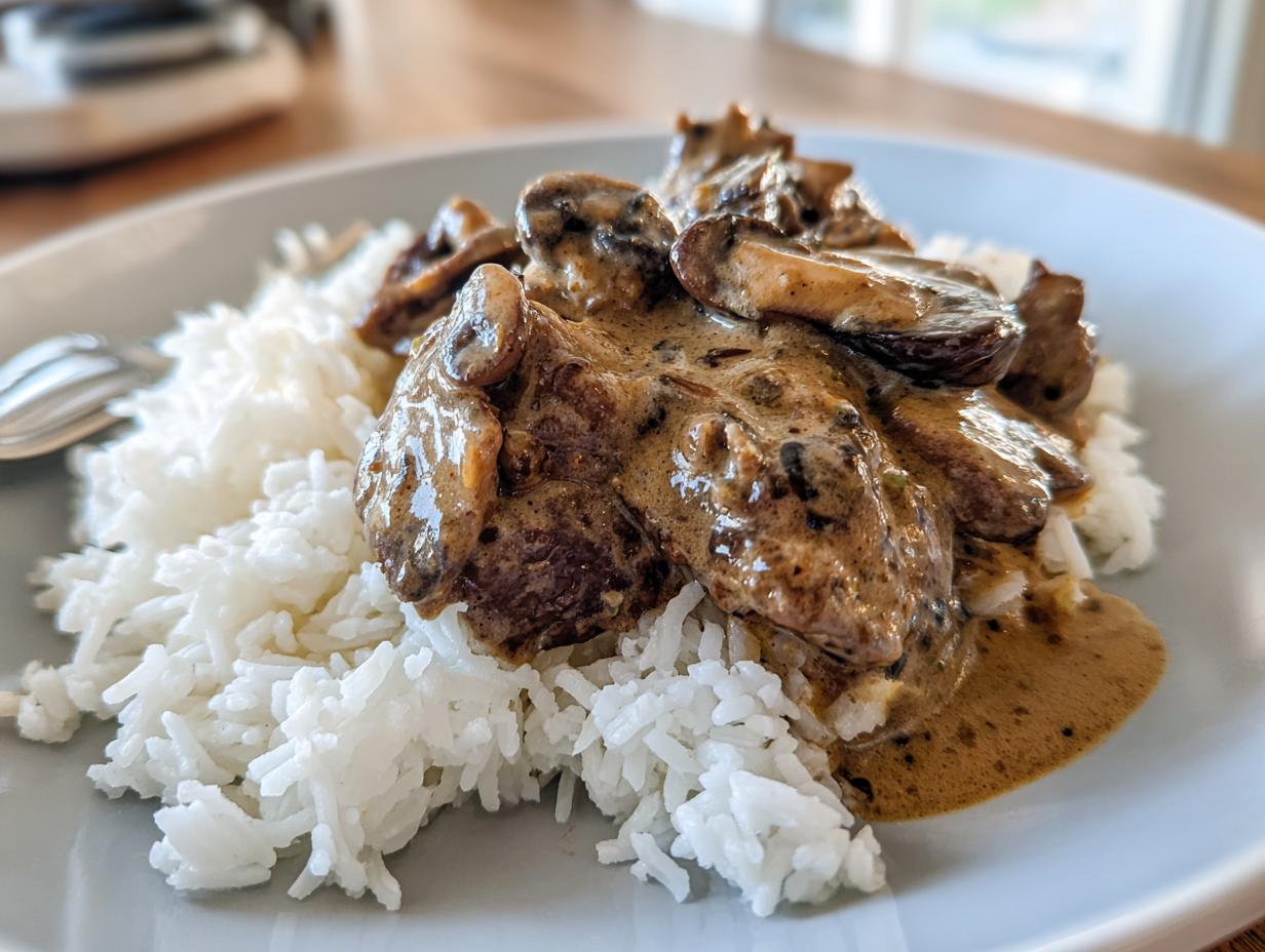 Nahaufnahme von Hackfleischstroganoff mit Pilzen in cremiger Soße, serviert auf lockerem weißen Reis.