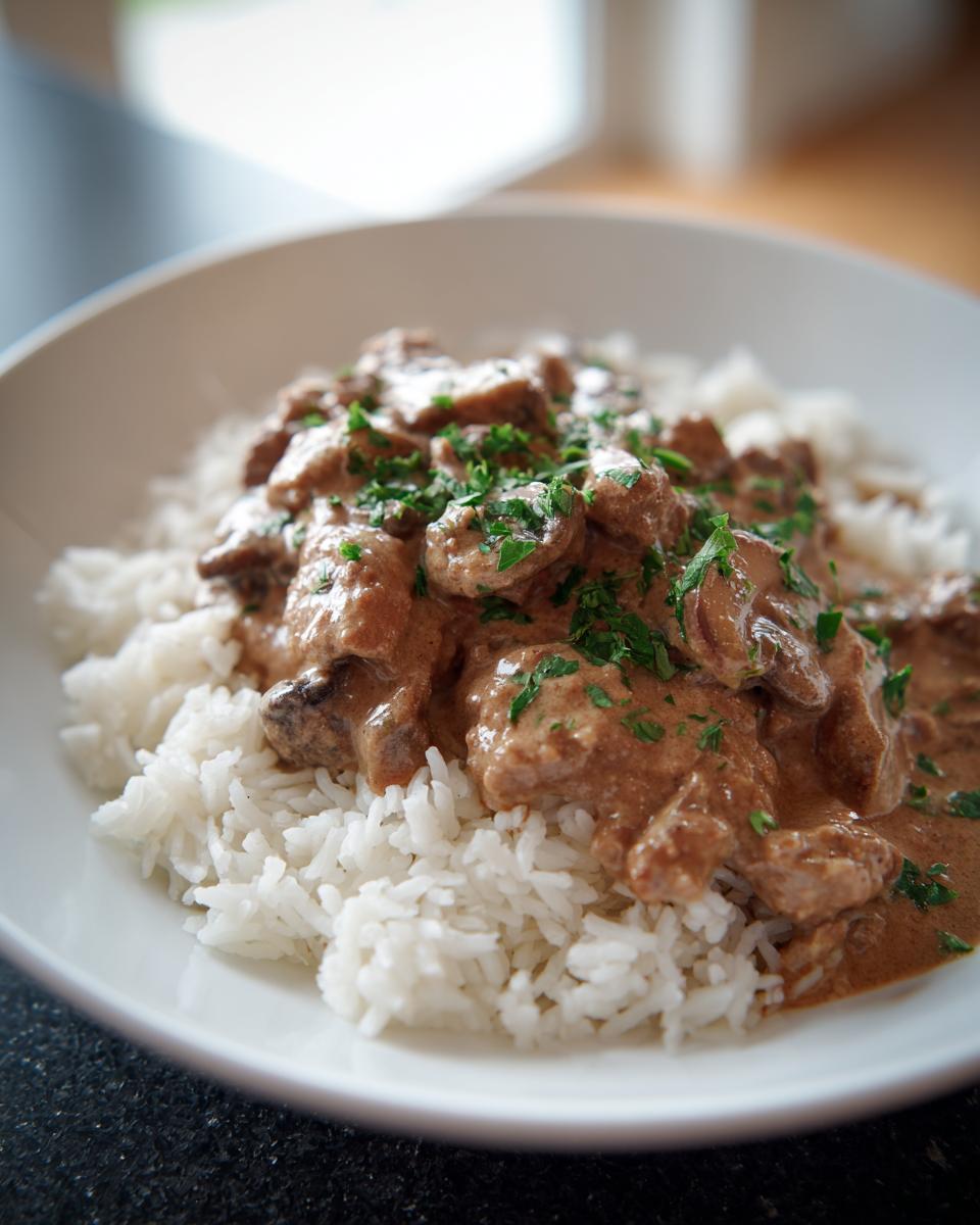 Nahaufnahme von cremigem Hackfleischstroganoff mit Pilzen auf lockerem Reis, garniert mit Petersilie.