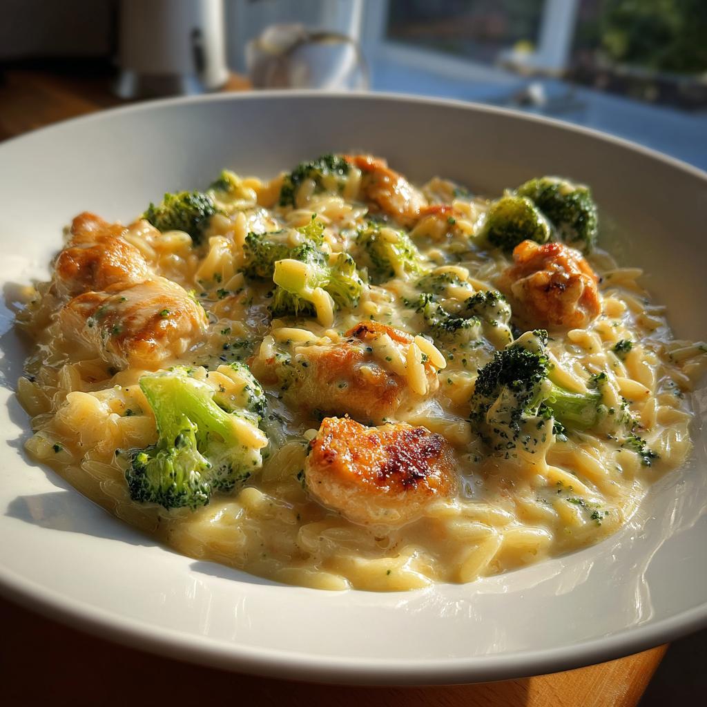 Eine Schüssel cremiges Hähnchen-Brokkoli-Orzo mit goldbraunen Hähnchenstücken und leuchtendem Brokkoli.