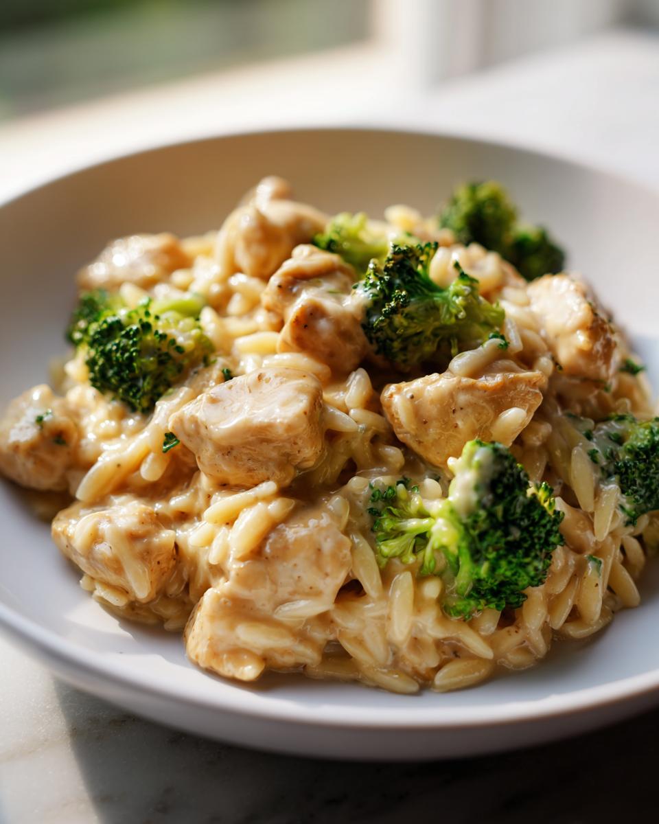 Nahaufnahme von cremigem Hähnchen-Brokkoli-Orzo mit saftigen Hähnchenstücken und leuchtend grünem Brokkoli.