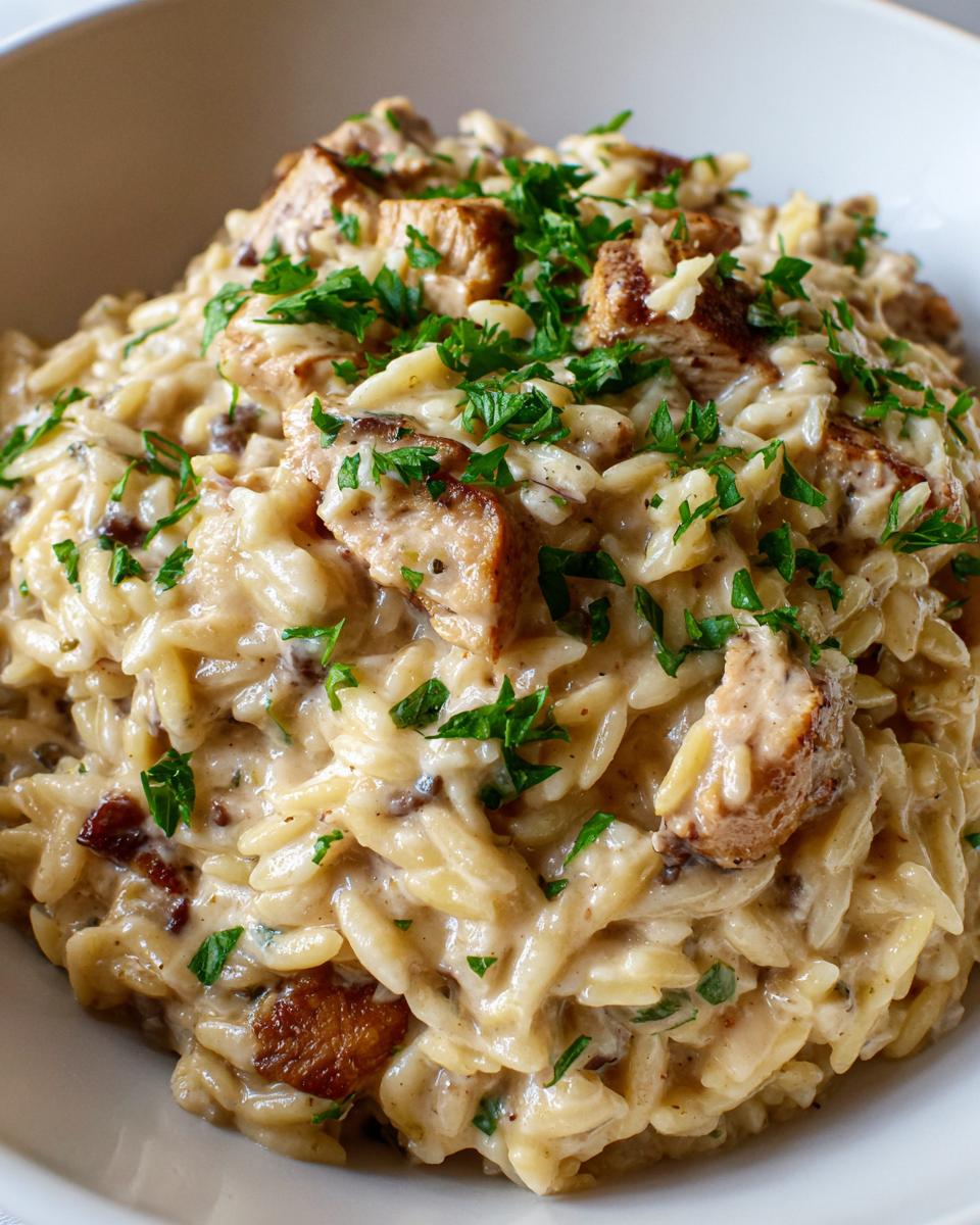 Nahaufnahme von cremigem Hähnchen-Frischkäse-Orzo, garniert mit gebratenen Hähnchenstücken und frischer Petersilie.