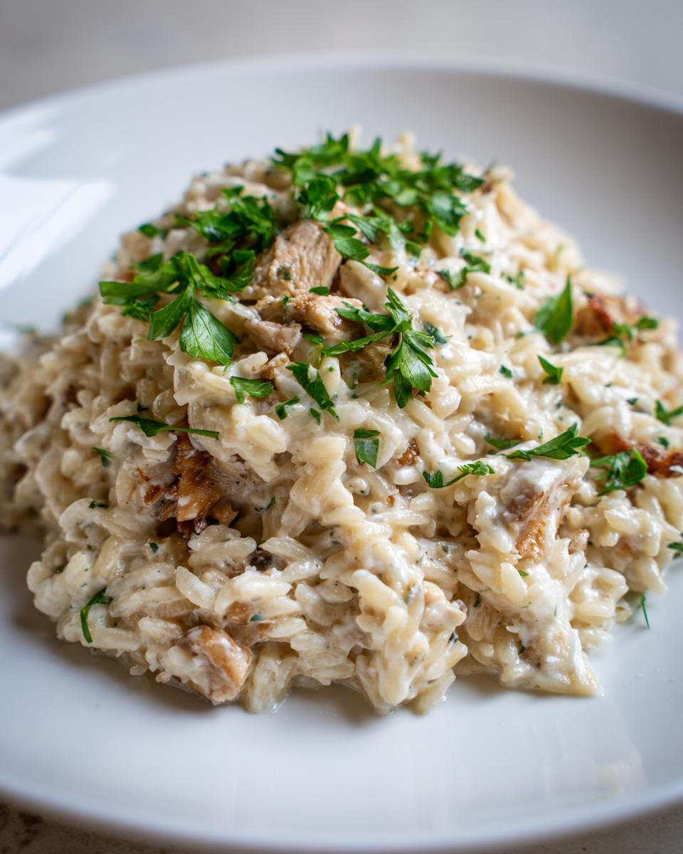 Cremiges Hähnchen-Frischkäse-Orzo, angerichtet auf einem weißen Teller und garniert mit frischer Petersilie.