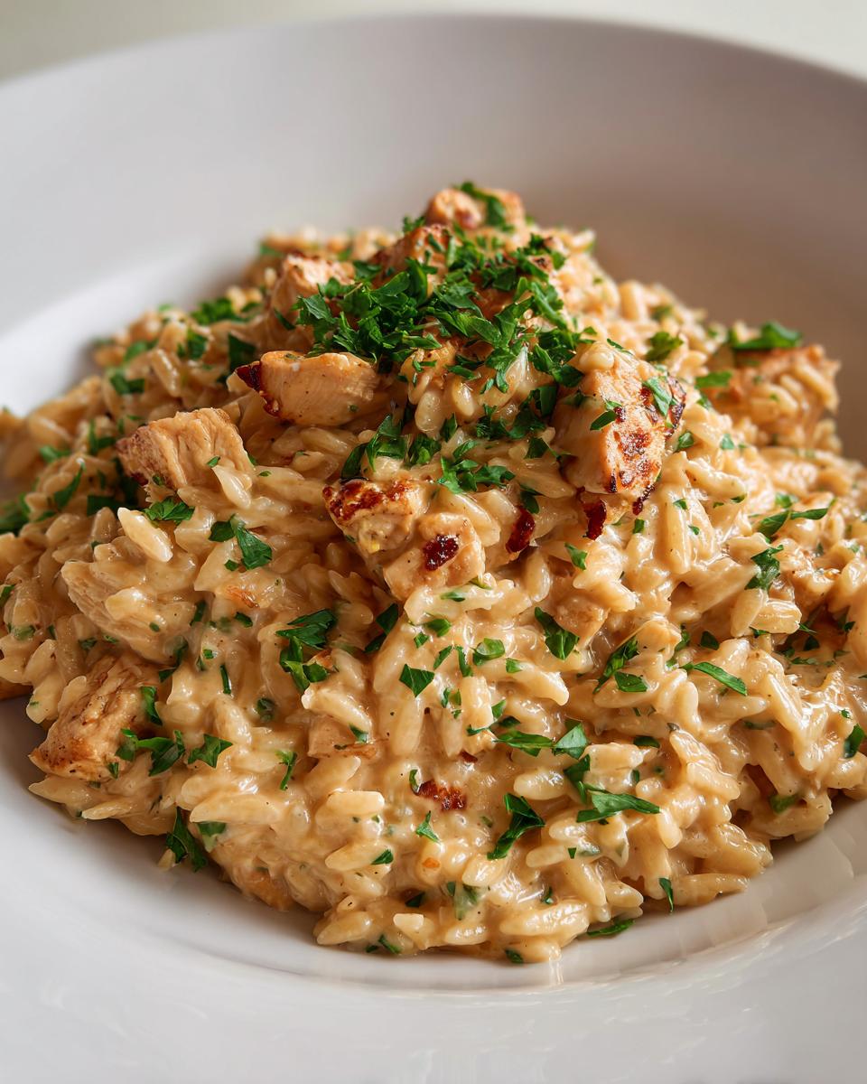 Nahaufnahme von cremigem Hähnchen-Frischkäse-Orzo, garniert mit frischer Petersilie in einer weißen Schale.