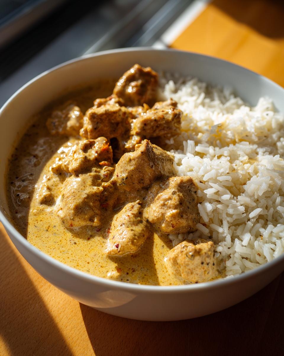 Nahaufnahme von Hähnchen in Senfrahm und fluffigem Butterreis in einer weißen Schüssel.