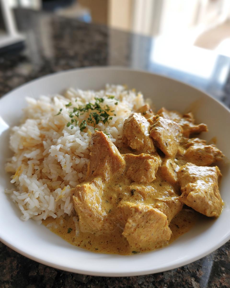 Teller mit saftigem Hähnchen in Senfrahm und lockerem Butterreis, garniert mit Petersilie.
