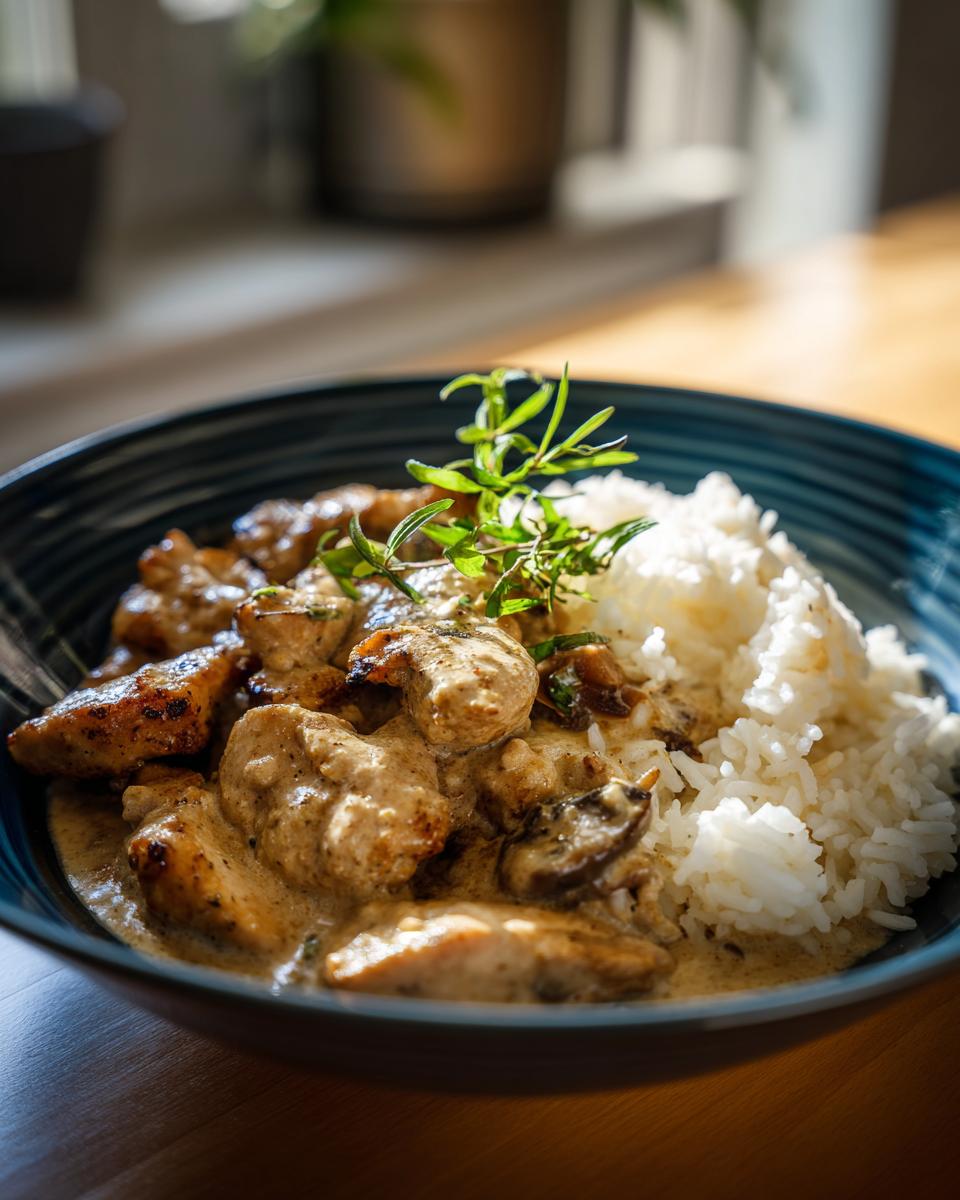 Nahaufnahme von Hähnchen in Senfrahm mit Butterreis, garniert mit frischen Kräutern.