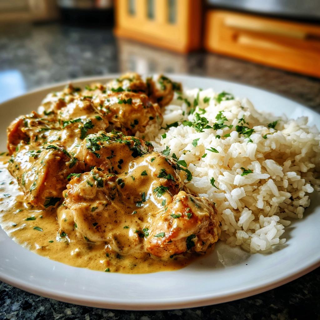 Teller mit saftigem Hähnchen in Senfrahm und einer Portion fluffigem Butterreis, garniert mit Petersilie.