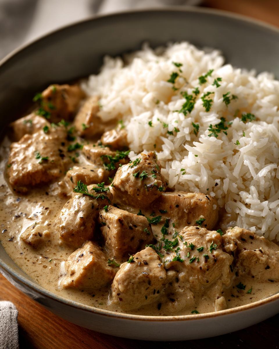 Nahaufnahme von saftigem Hähnchen in Senfrahm neben einer Portion lockerem Butterreis, garniert mit Petersilie.