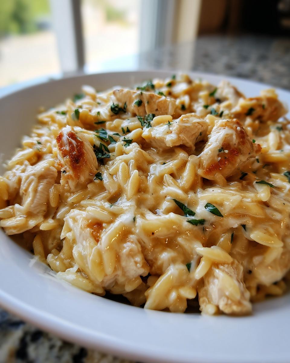 Nahaufnahme von cremigem Hähnchen-Käse-Orzo, garniert mit Petersilie, in einer weißen Schüssel.