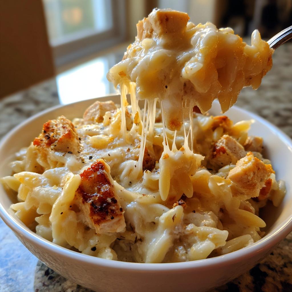 Ein Löffel Hähnchen-Käse-Orzo wird aus einer weißen Schüssel gezogen, dabei zieht der Käse lange Fäden.