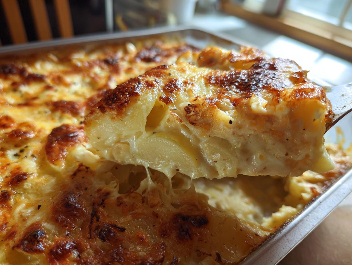 Ein cremiges Stück Hähnchen-Kartoffelgratin mit Käse wird aus der Auflaufform gehoben, mit goldbrauner Kruste.