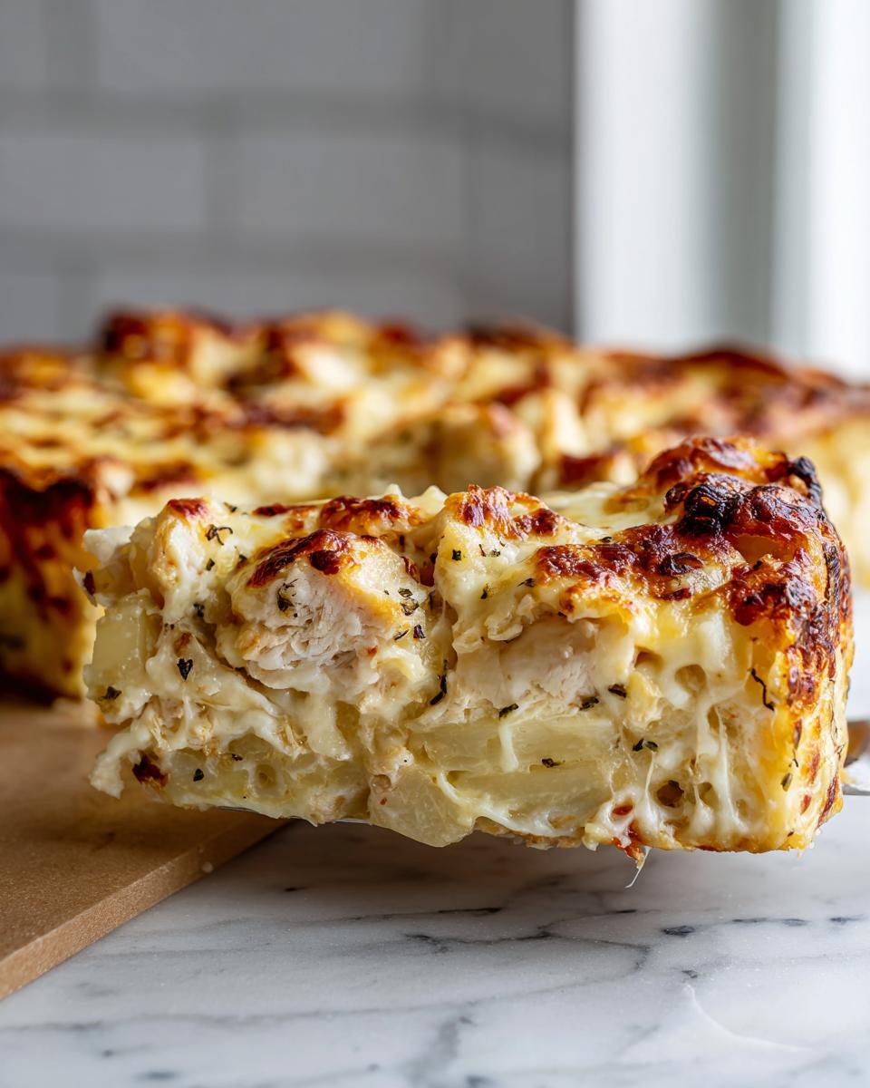 Ein dickes, saftiges Stück Hähnchen-Kartoffelgratin mit Käse wird angehoben und zeigt Kartoffelscheiben und Hähnchen in cremiger Sauce.