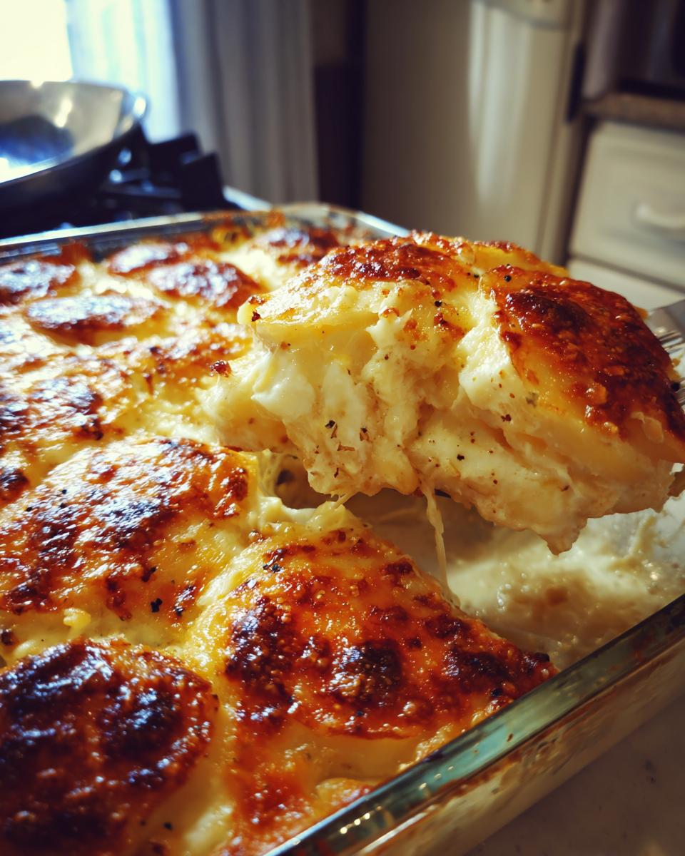 Ein Stück cremiges Hähnchen-Kartoffelgratin mit Käse wird aus der Auflaufform gehoben, goldbraun überbacken.