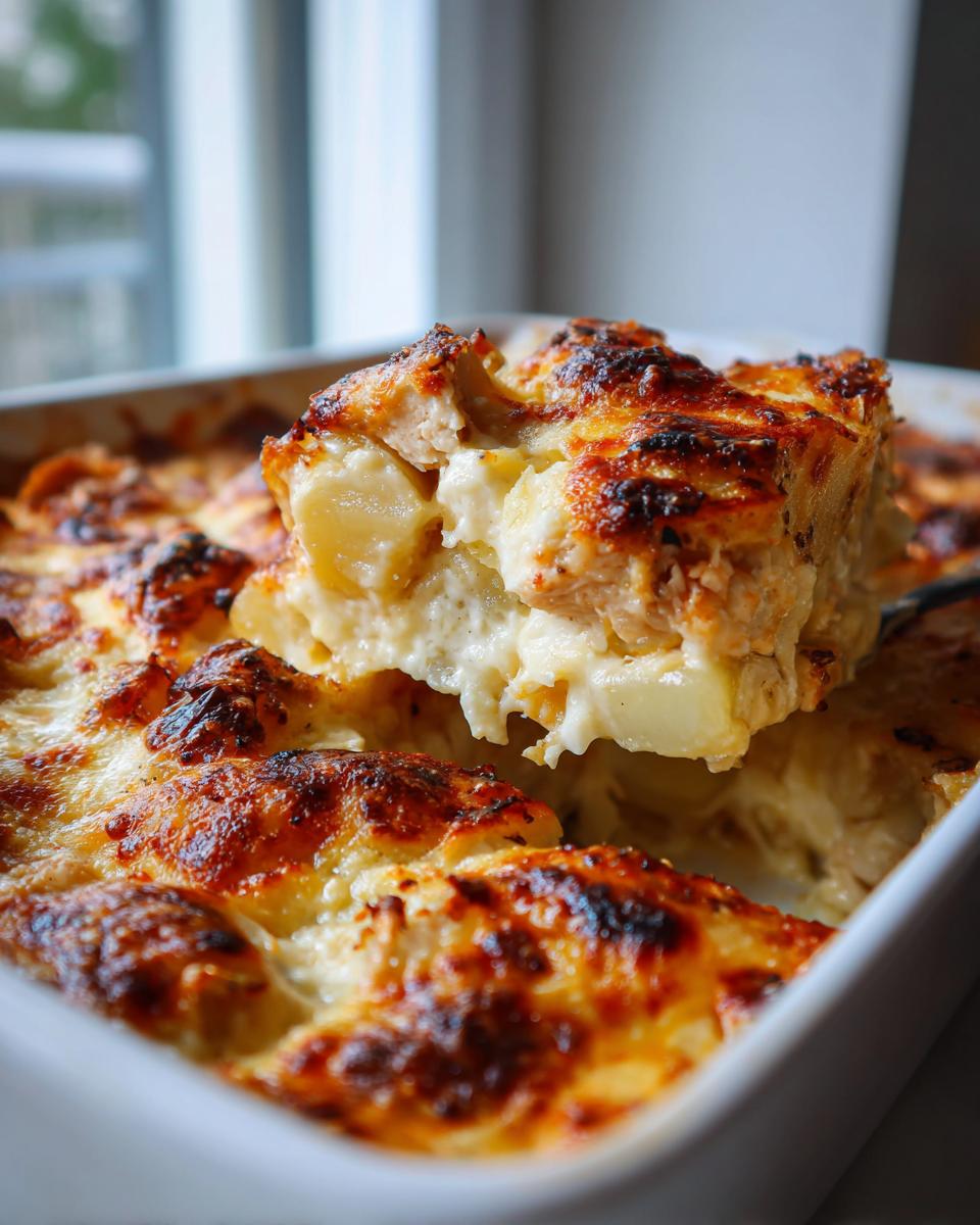 Ein cremiges Stück Hähnchen-Kartoffelgratin mit Käse wird aus der Auflaufform gehoben, mit goldbrauner Kruste.