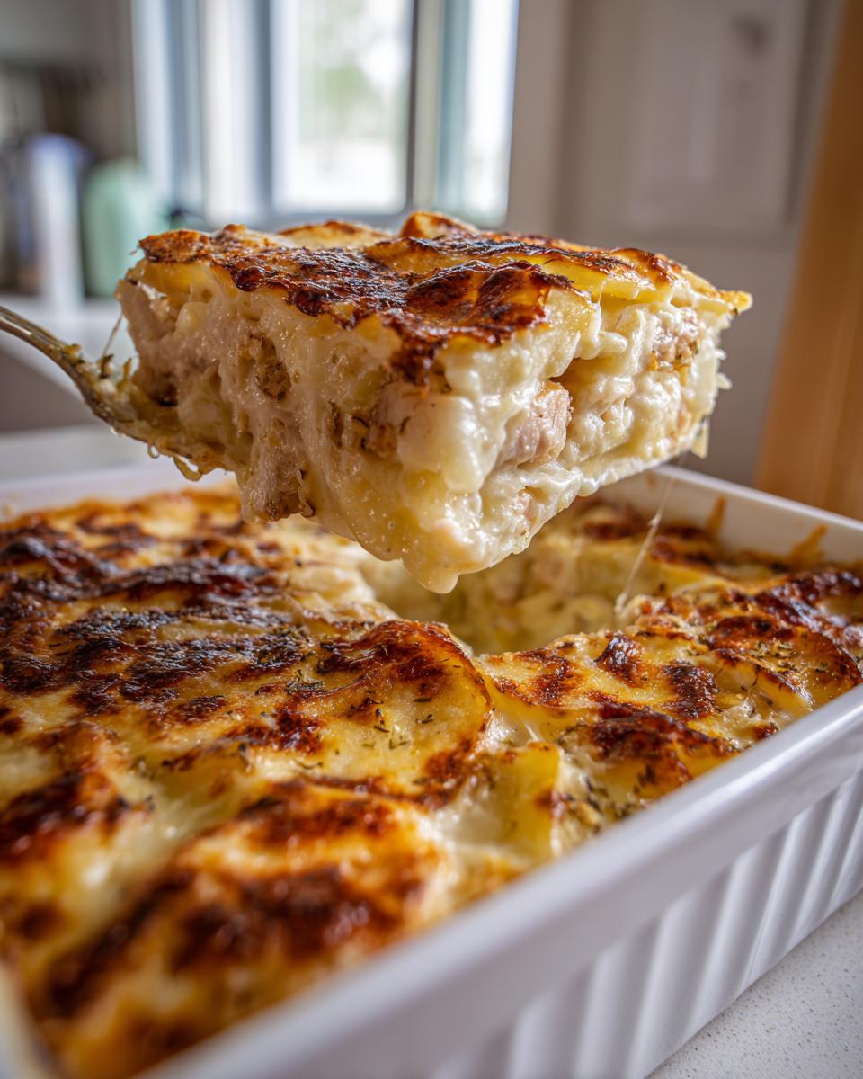 Ein großes, cremiges Stück Hähnchen-Kartoffelgratin mit Käse wird aus der Auflaufform gehoben.