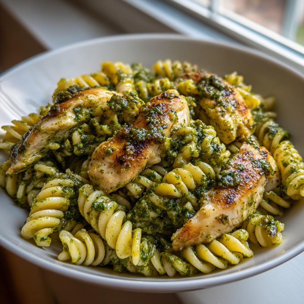 Nahaufnahme von cremigen Hähnchen-Pesto-Nudeln mit goldbraun gebratenen Hähnchenstreifen in einer weißen Schüssel.