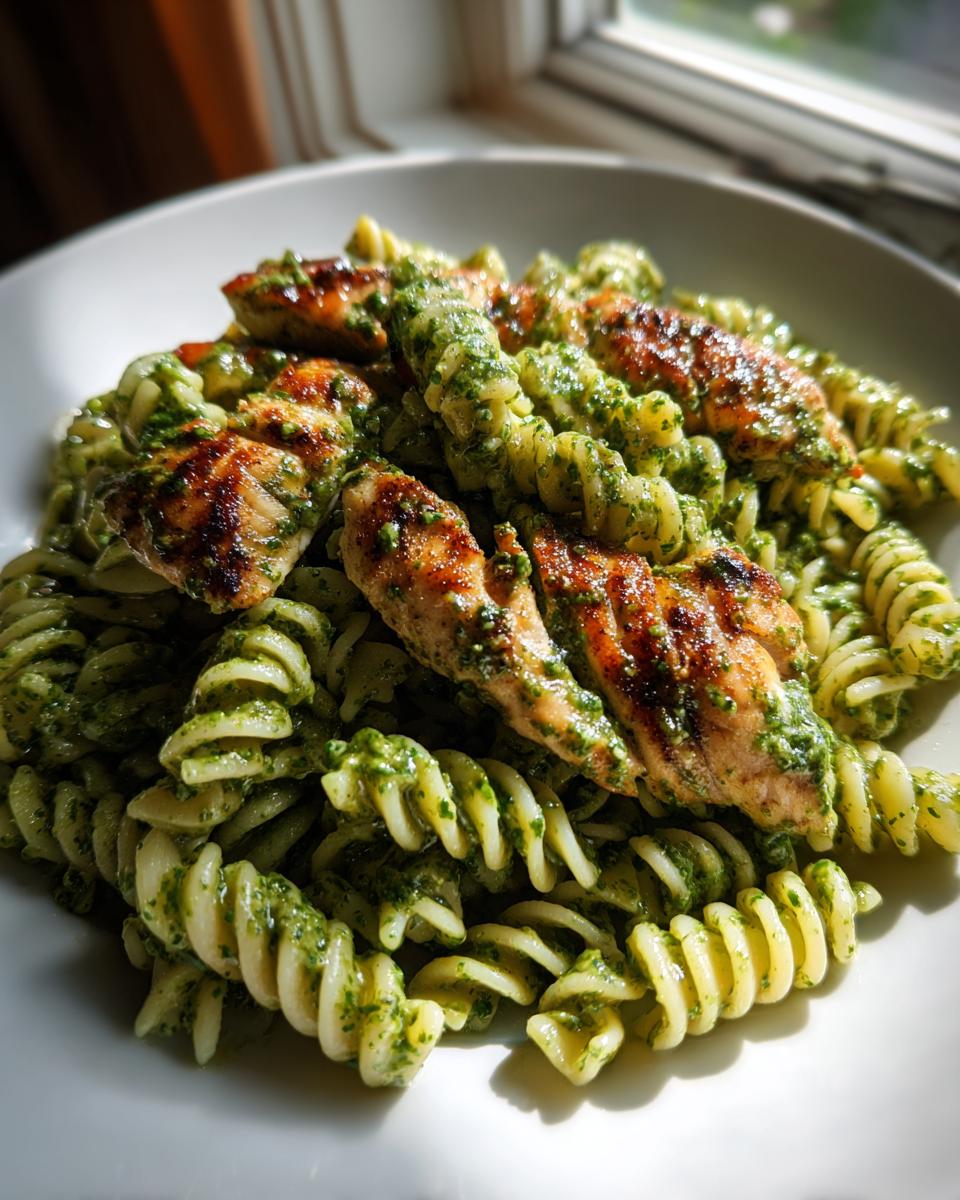 Teller mit Hähnchen-Pesto-Nudeln, bestehend aus Fusilli-Nudeln und gegrillten Hähnchenstreifen mit grünem Pesto.