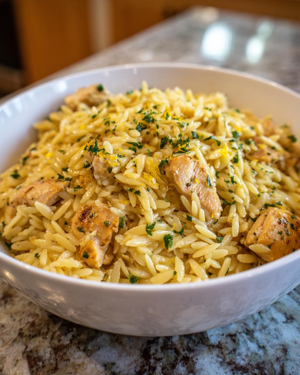 Eine Nahaufnahme von cremigem Hähnchen-Zitronen-Orzo, garniert mit Petersilie und Zitronenabrieb, serviert in einer weißen Schüssel.