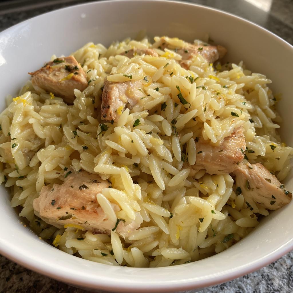 Eine Schüssel mit cremigem Hähnchen-Zitronen-Orzo, garniert mit Petersilie und Zitronenabrieb.