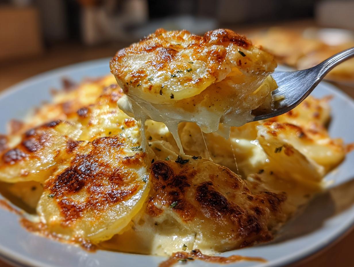 Gabel mit geschmolzenem Käse und Kartoffelscheiben aus dem Hähnchenauflauf mit Kartoffeln in Knoblauchsahne.
