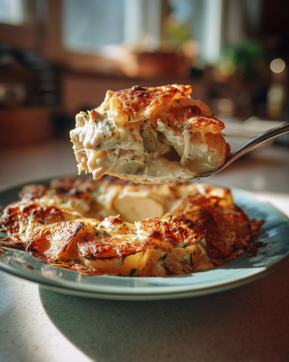 Ein Löffel voller cremigem Hähnchenauflauf mit Kartoffeln in Knoblauchsahne wird hochgehoben.