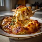 Ein Löffel voller cremigen Hähnchenauflauf mit Kartoffeln in Knoblauchsahne wird aus der Auflaufform gehoben.