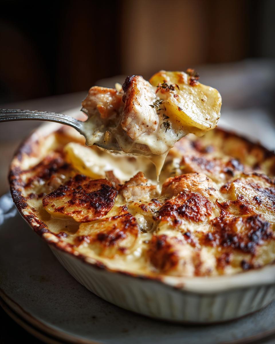 Ein Löffel mit cremigem Hähnchenauflauf mit Kartoffeln in Knoblauchsahne wird aus der Auflaufform gehoben.