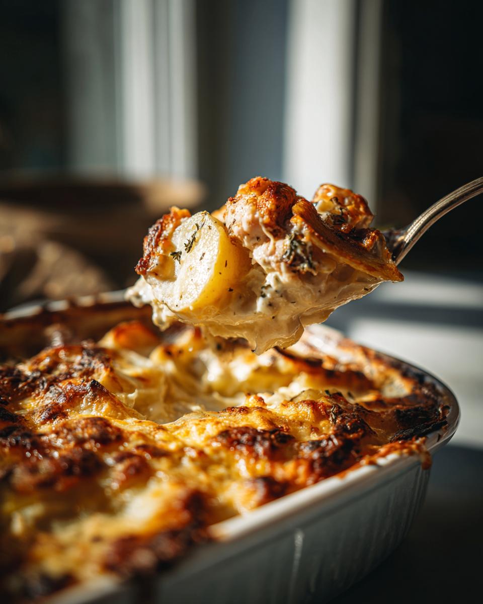 Ein Löffel mit cremigem Hähnchenauflauf mit Kartoffeln in Knoblauchsahne wird aus der Auflaufform gehoben.