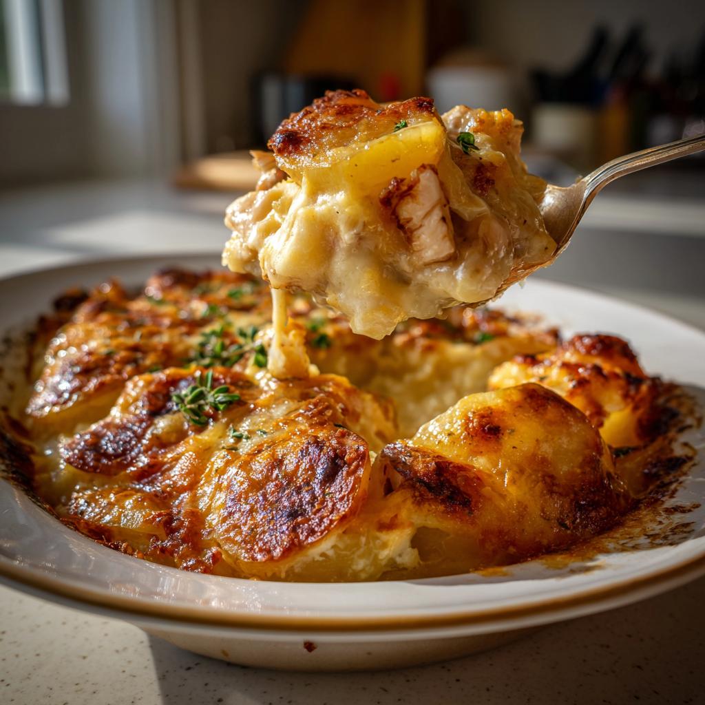Ein Löffel voller cremigen Hähnchenauflauf mit Kartoffeln in Knoblauchsahne wird aus der Auflaufform gehoben.