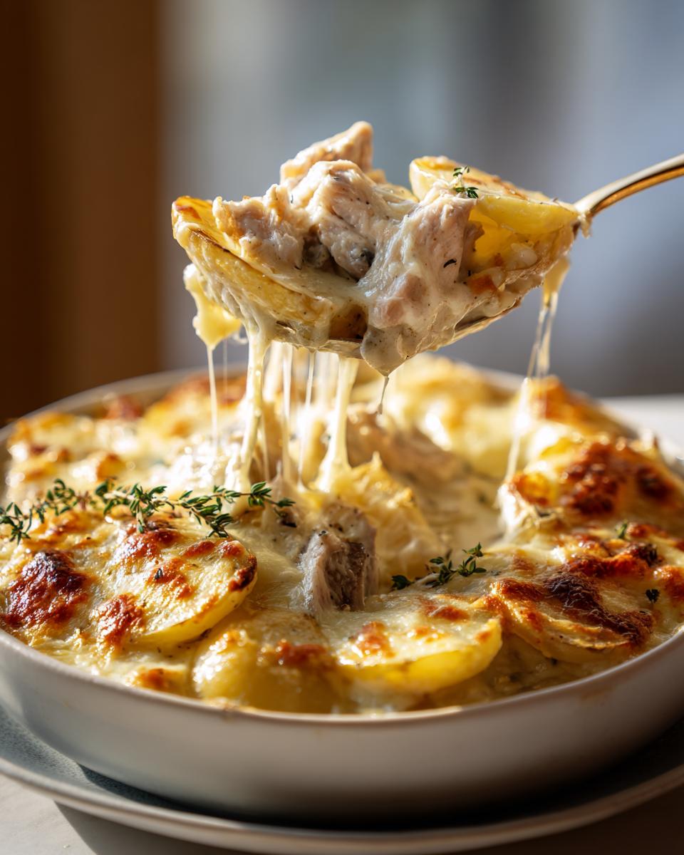 Ein Löffel voller Hähnchenauflauf mit Kartoffeln in Knoblauchsahne zieht lange Fäden Käse aus der Auflaufform.