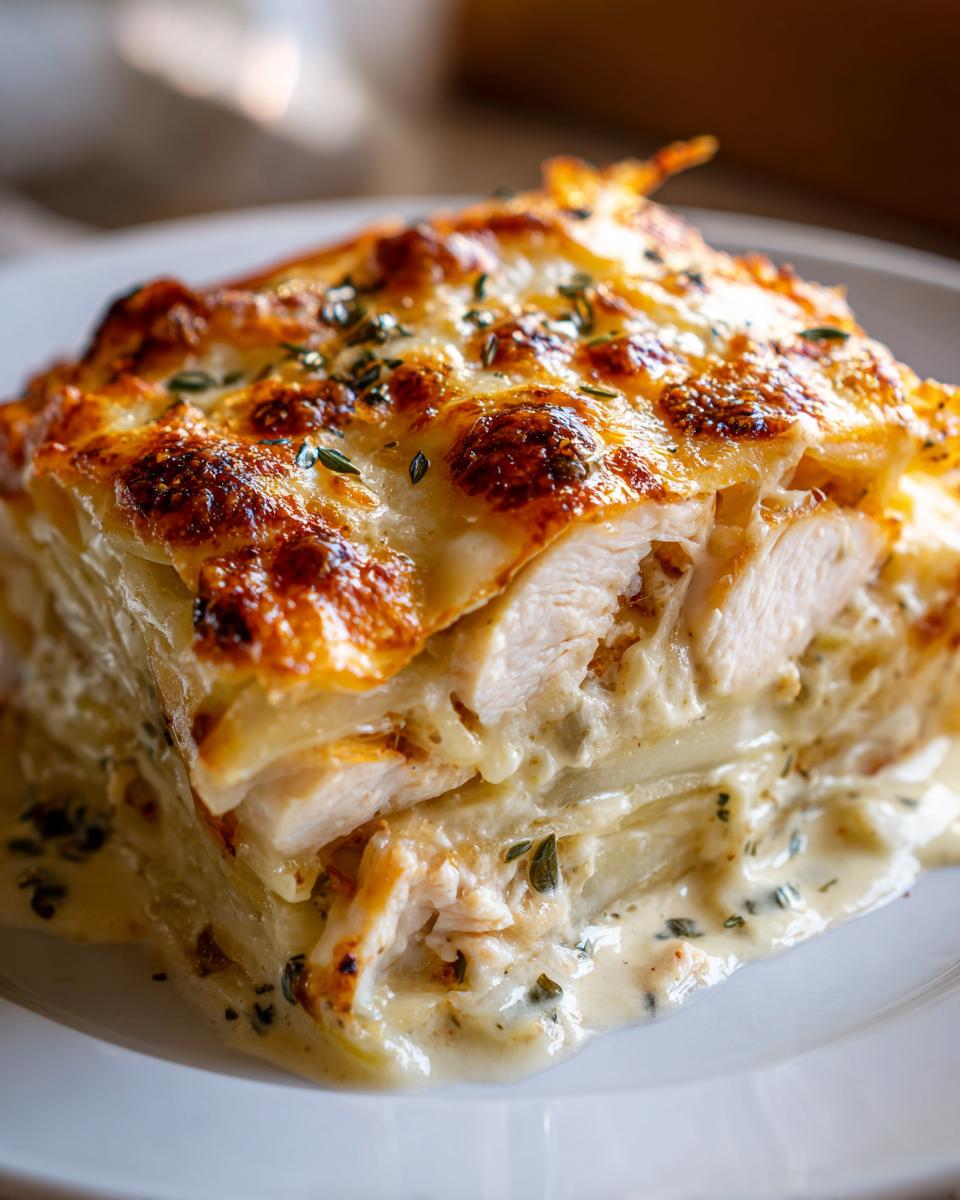 Ein saftiges Stück Hähnchenauflauf mit Kartoffeln, bedeckt mit goldbraunem Käse und Kräutern.