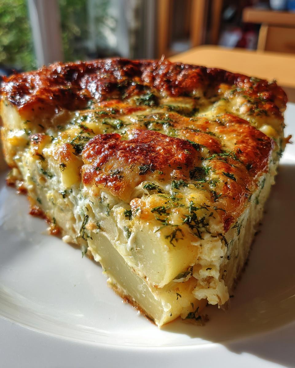 Ein dickes Stück Hähnchenauflauf mit Kartoffeln und Kräutersahne, goldbraun gebacken und saftig.