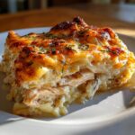 Ein goldbraun überbackenes Stück Hähnchenauflauf mit Kartoffeln und Kräutersahne auf einem weißen Teller.