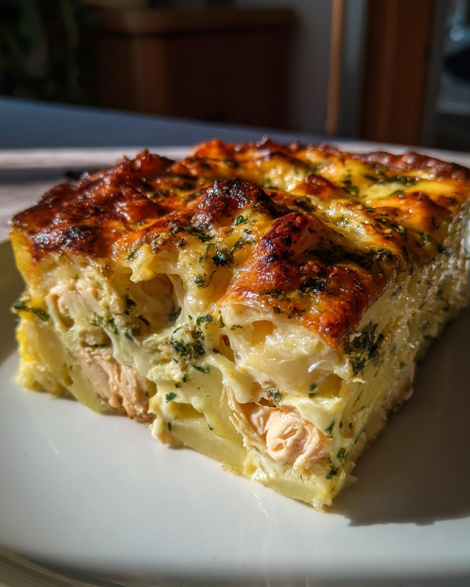 Ein goldbraun überbackenes Stück Hähnchenauflauf mit Kartoffeln und Kräutersahne auf einem weißen Teller.