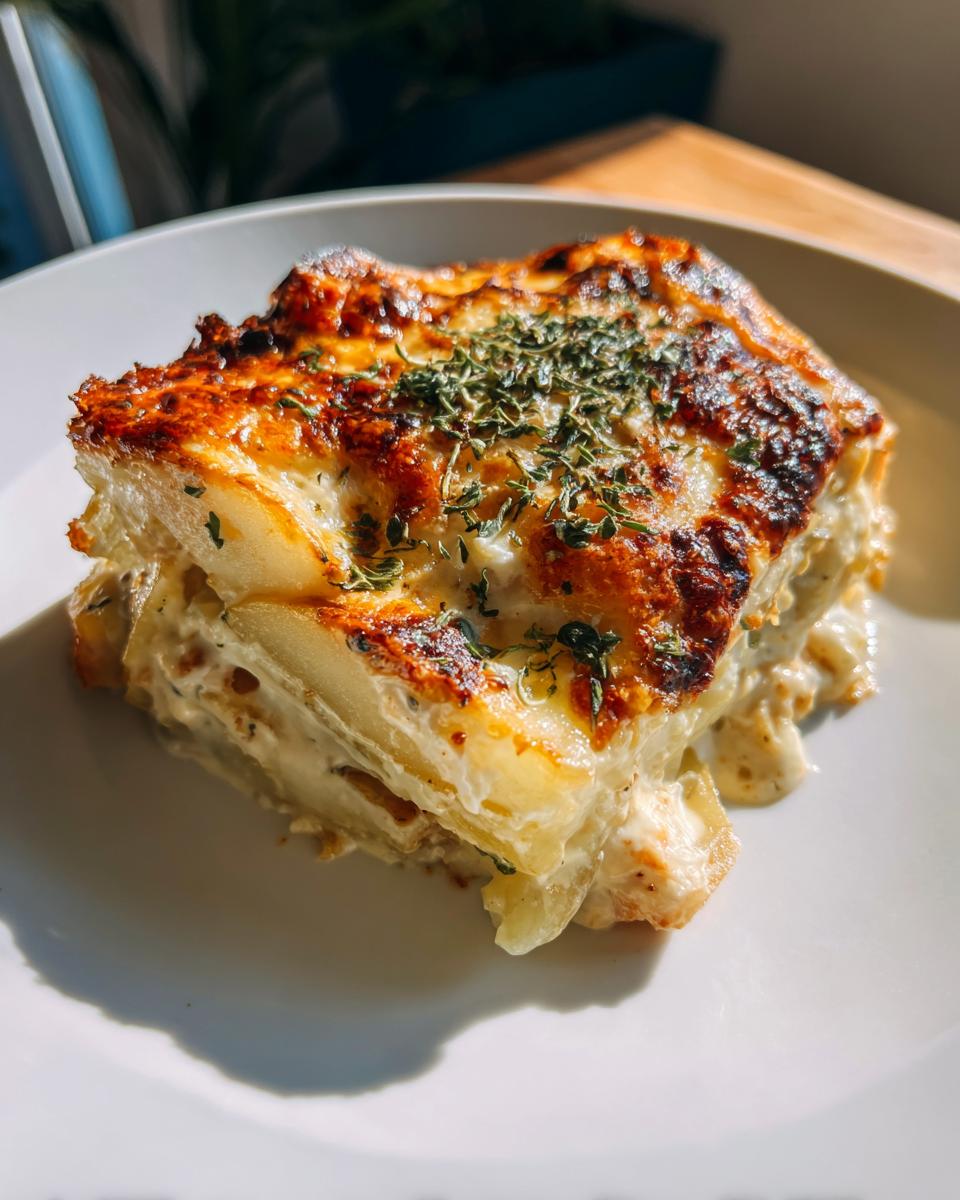 Ein goldbraun überbackenes Stück Hähnchenauflauf mit Kartoffeln und Kräutersahne auf einem weißen Teller.