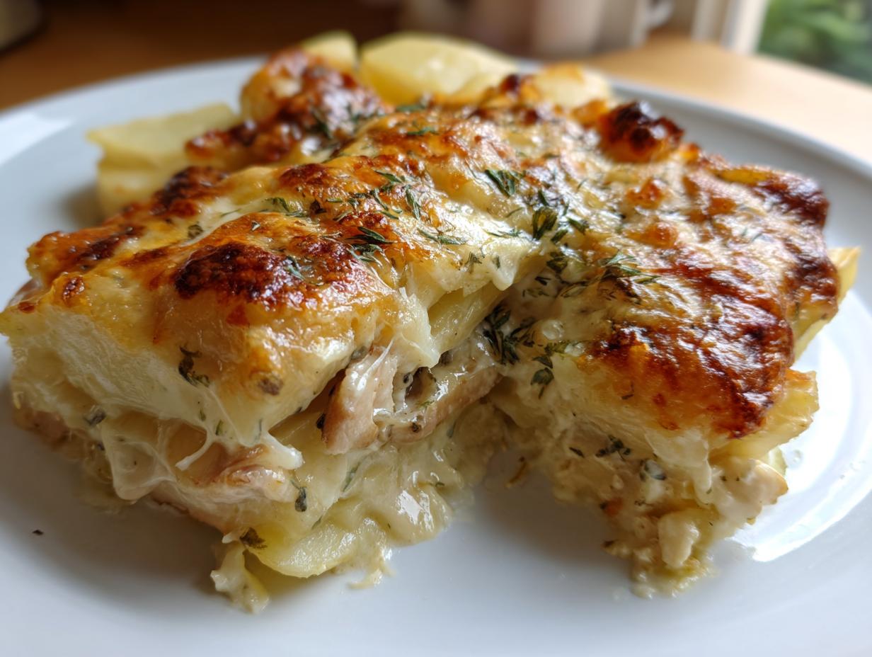 Nahaufnahme eines cremigen Stücks Hähnchenauflauf mit Kartoffeln, überbacken mit goldbraunem Käse und frischen Kräutern.