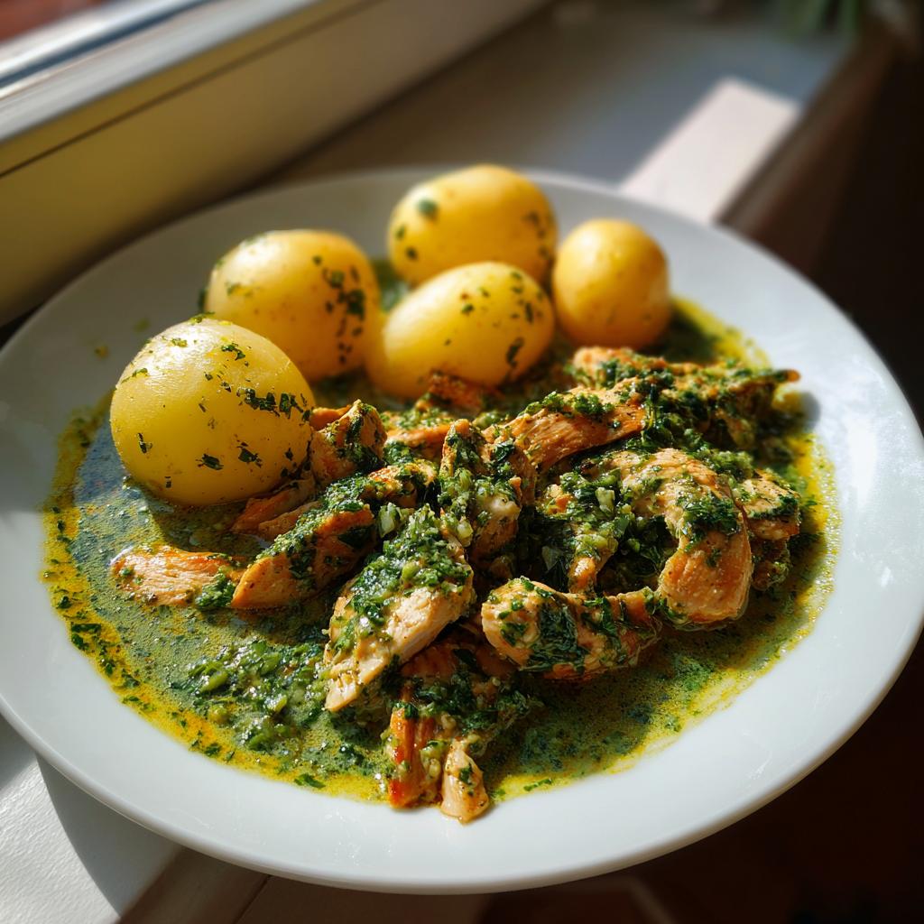 Teller mit Hähnchengeschnetzeltes mit Kräuterrahm und Pellkartoffeln, appetitlich angerichtet.