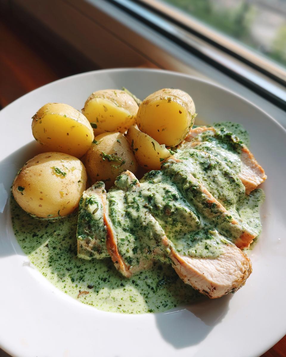 Geschnittenes Hähnchengeschnetzeltes mit reichlich grünem Kräuterrahm und Pellkartoffeln auf einem weißen Teller.