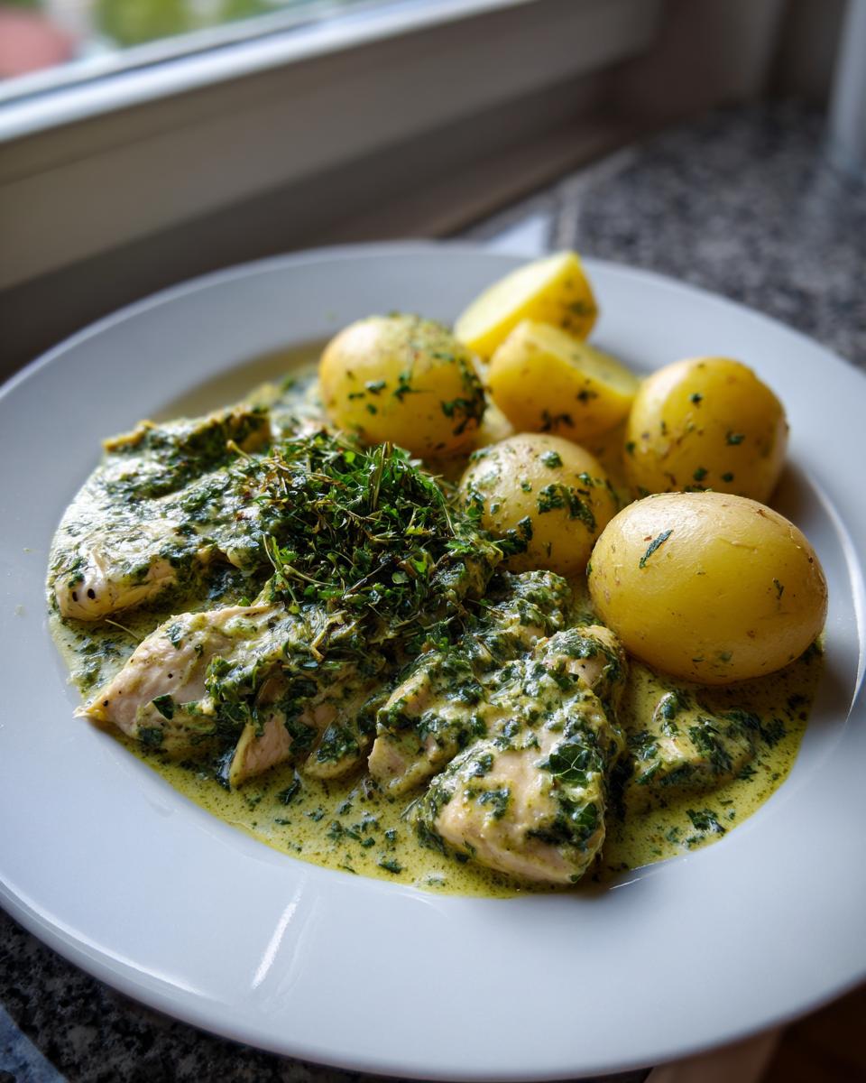 Teller mit Hähnchengeschnetzeltes in Kräuterrahm und Pellkartoffeln, üppig garniert mit frischen Kräutern.