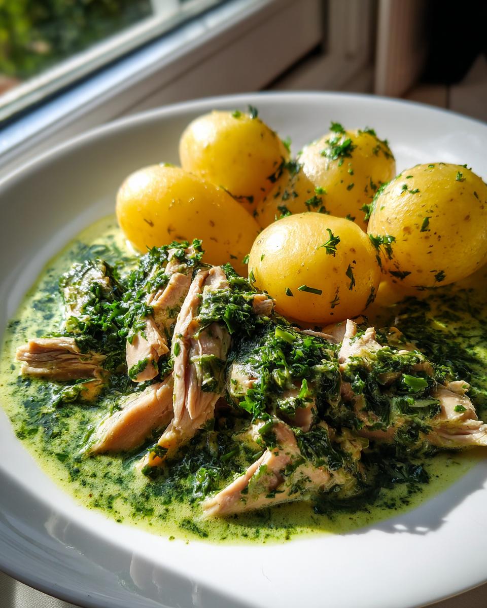 Teller mit Hähnchengeschnetzeltes in leuchtend grüner Kräutersauce und neuen Salzkartoffeln.