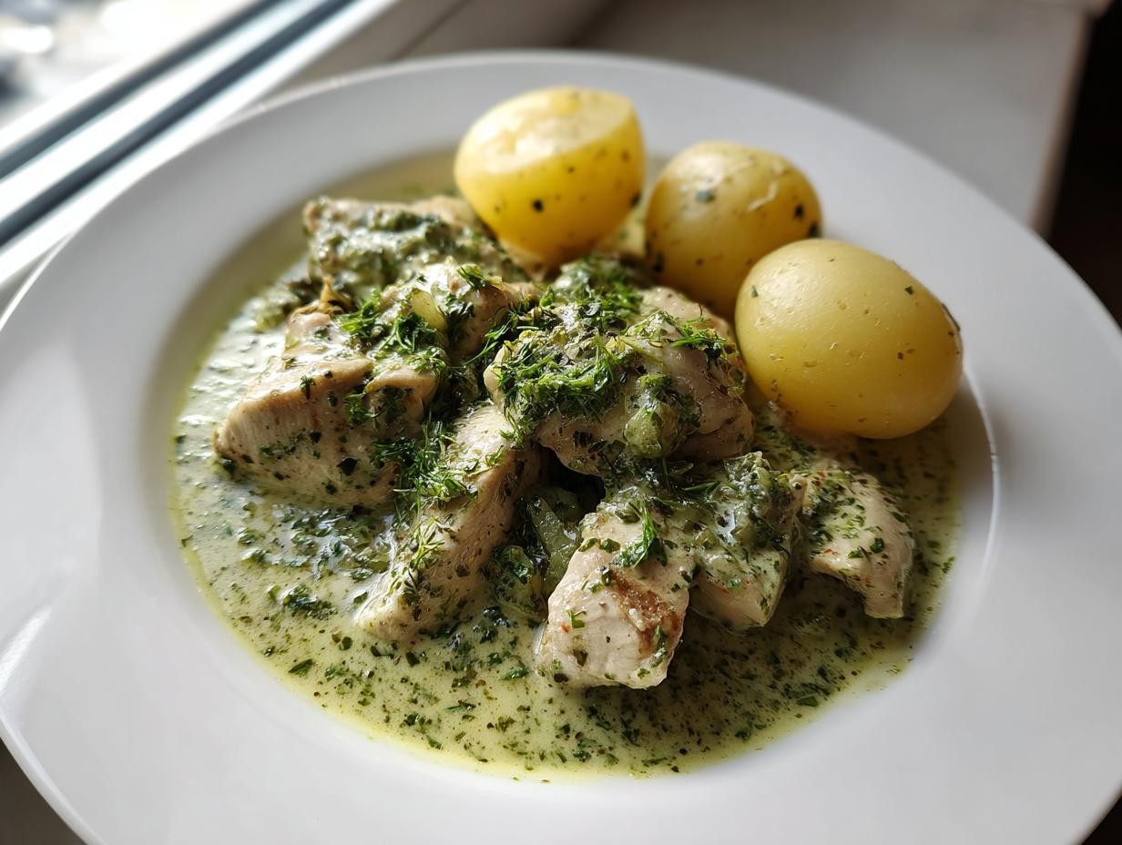 Teller mit saftigem Hähnchengeschnetzeltes in cremiger Kräuterrahmsoße und drei kleinen Salzkartoffeln.