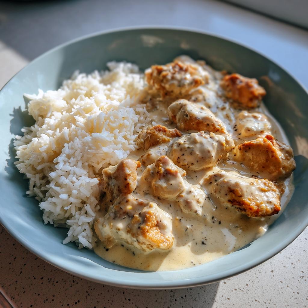 Nahaufnahme einer Hähnchenpfanne in cremiger Frischkäsesauce mit Reis auf einem hellblauen Teller.