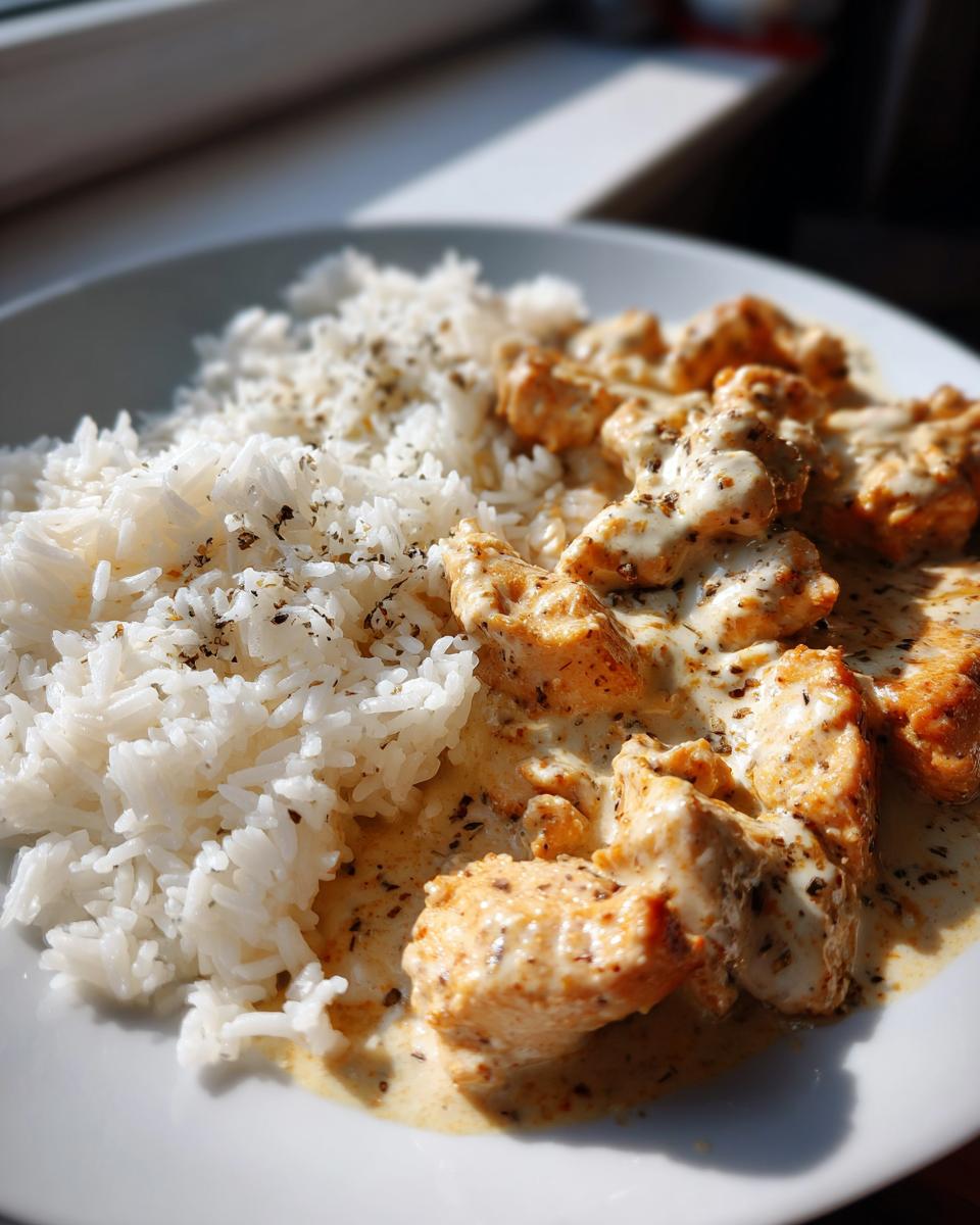 Teller mit saftiger Hähnchenpfanne in cremiger Frischkäsesauce und lockerem Reis, bestreut mit Kräutern.