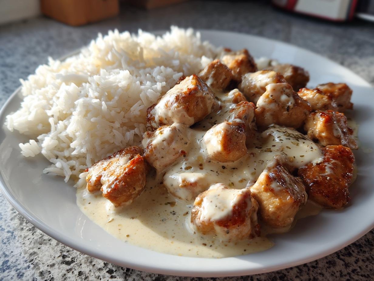 Fertige Hähnchenpfanne in Frischkäsesauce mit Reis auf einem weißen Teller, appetitlich angerichtet.