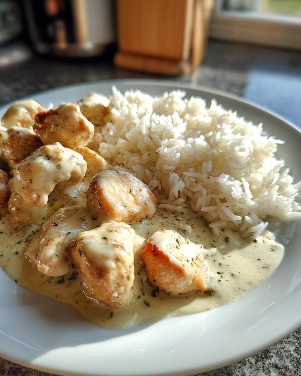 Teller mit saftigen Hähnchenstücken in cremiger Frischkäsesauce und lockerem Reis, das Gericht Hähnchenpfanne in Frischkäsesauce mit Reis.