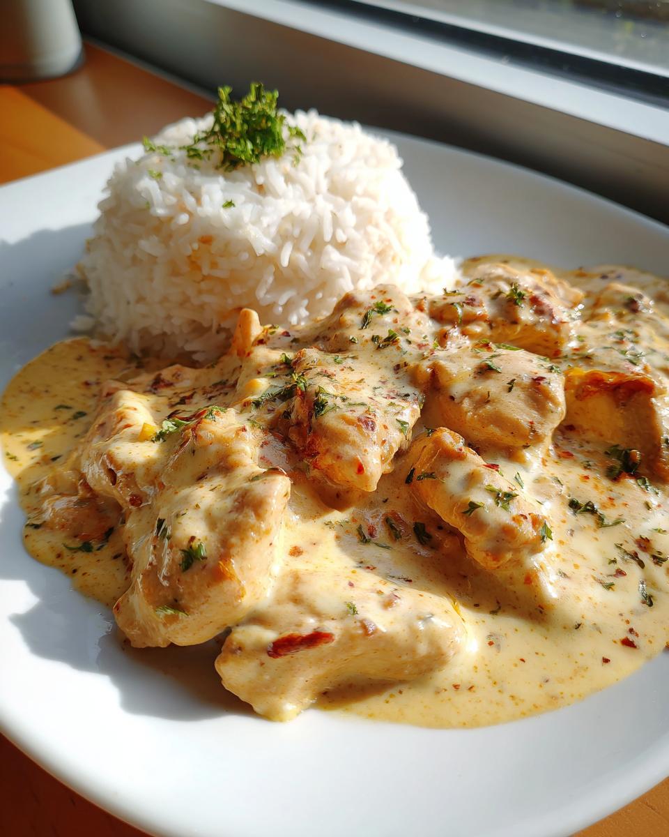 Fertige Hähnchenpfanne in Käse-Sahne mit Reis, üppig garniert mit Petersilie.
