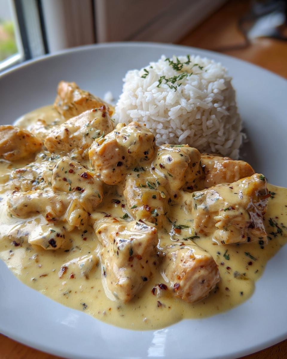 Teller mit saftiger Hähnchenpfanne in Käse-Sahne und einem Berg Reis, garniert mit Kräutern.
