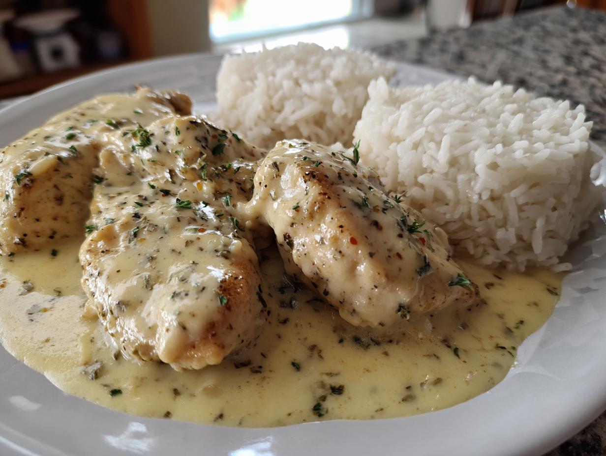 Zwei Stücke Hähnchen in cremiger Käse-Sahne-Soße mit Kräutern, serviert mit zwei Portionen weißem Reis.