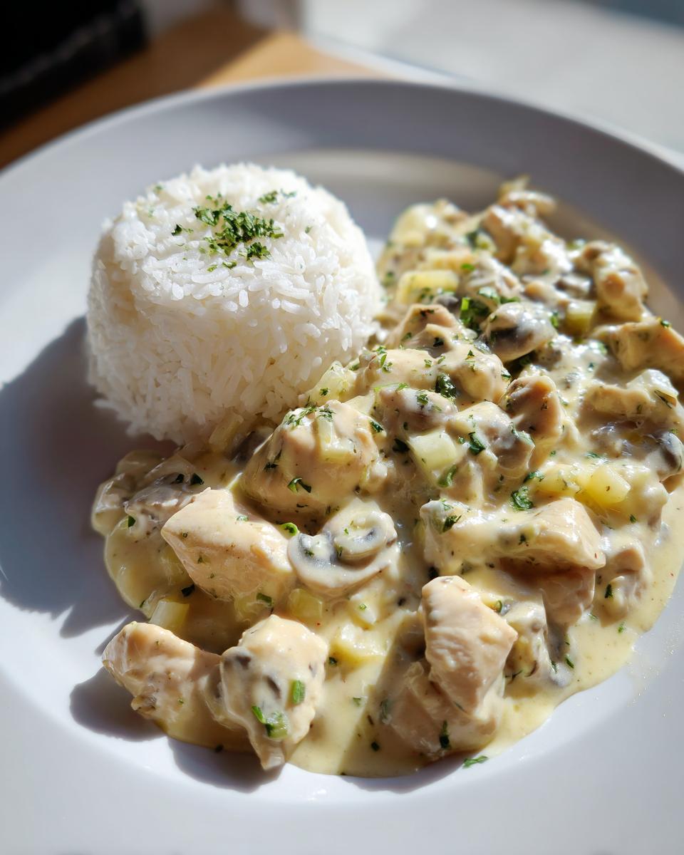 Teller mit cremiger Hähnchenpfanne in Käse-Sahne und einem Reisbällchen, garniert mit Petersilie.