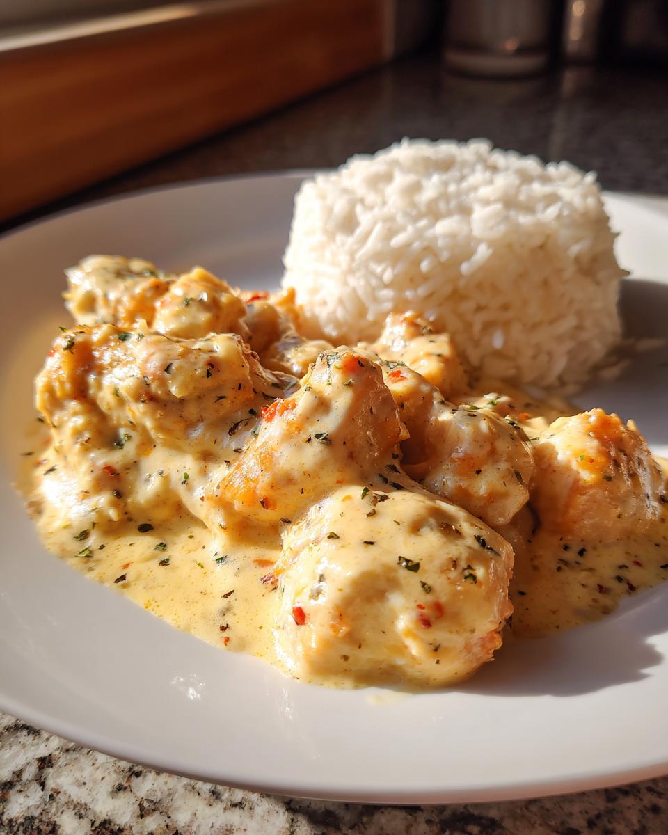 Teller mit saftiger Hähnchenpfanne in Käse-Sahne und einer Portion lockerem Reis.